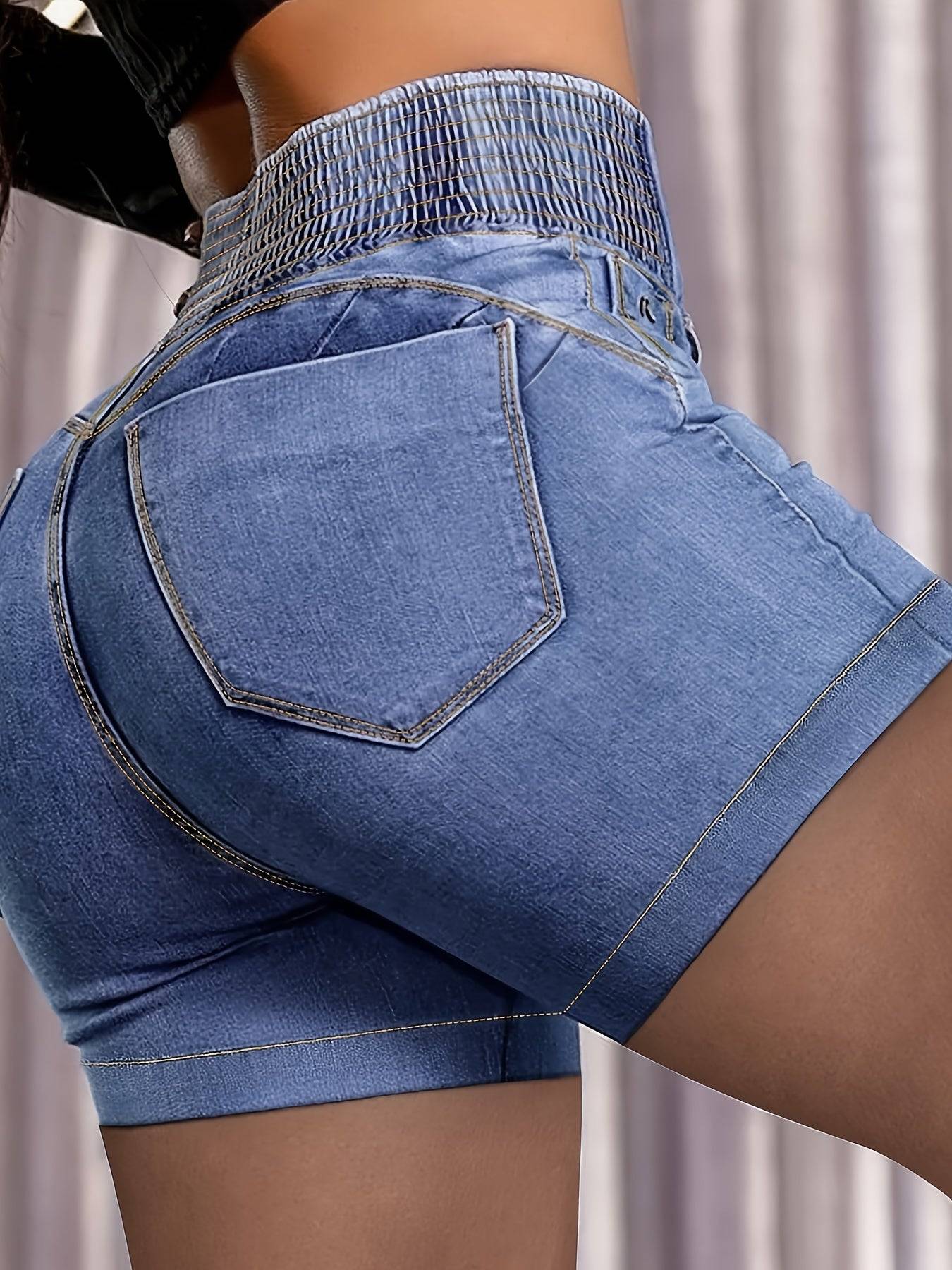 Back view of high-waisted women’s denim shorts showing stretch fit, frayed hem, and large back pocket for casual fashion appeal.