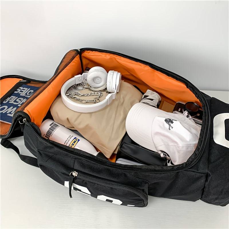 Interior view of black large travel backpack packed with essentials, showing organized compartments and spacious wet/dry storage.