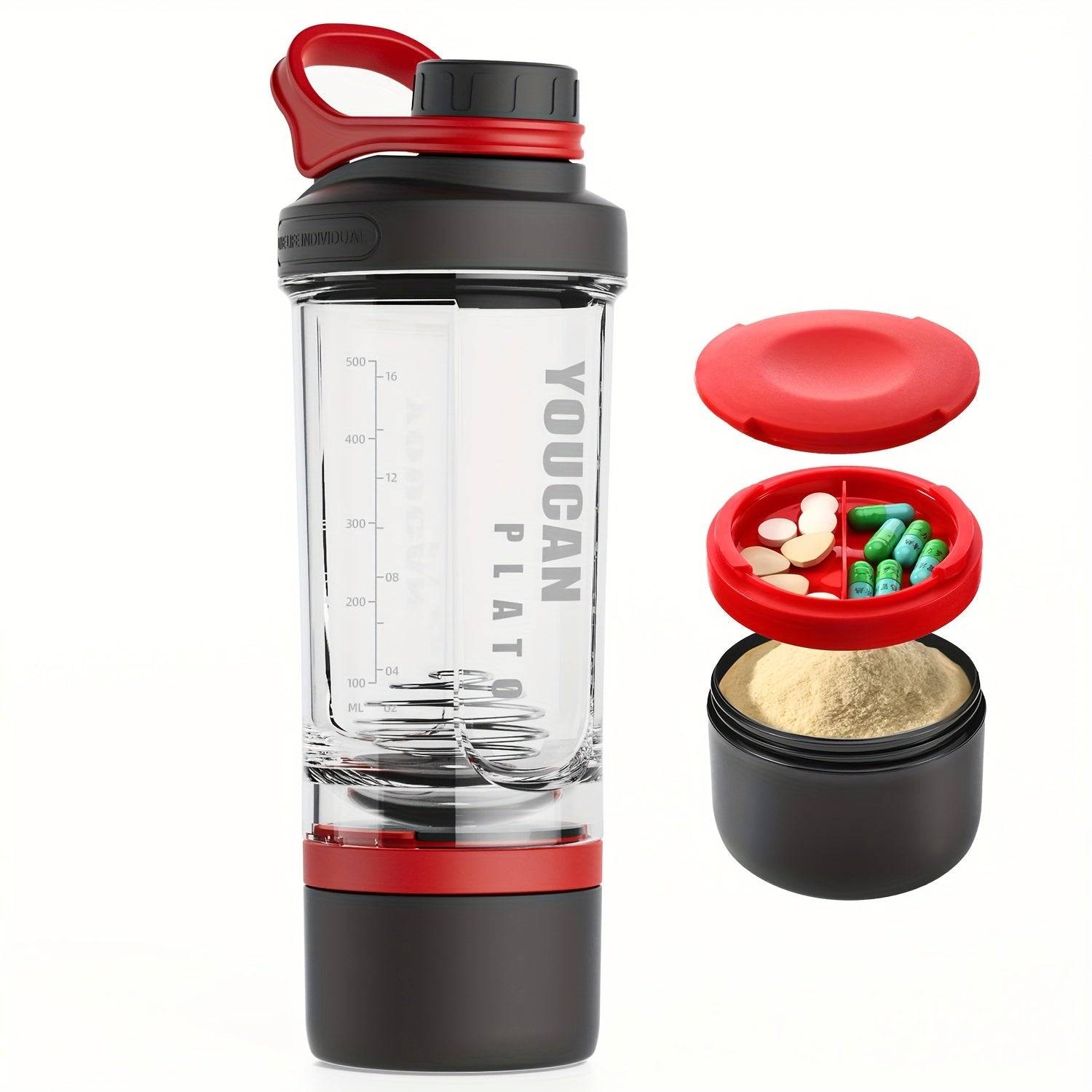 21oz Tritan protein shaker bottle BPA-free with powder container, wire whisk ball, and mixer cup for gym and shakes