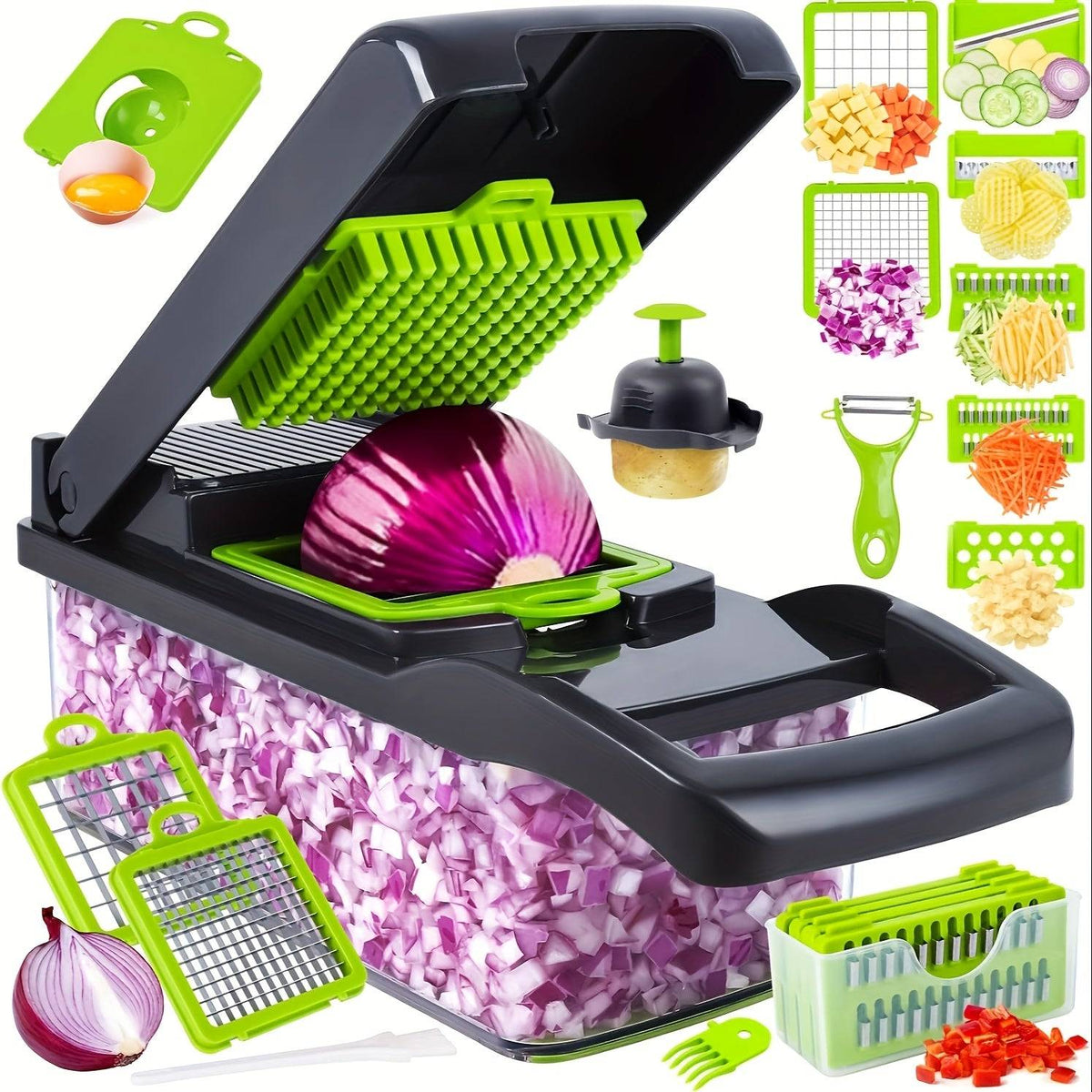 Professional 16-in-1 Vegetable Chopper – Multifunctional Slicer & Dicer with 8 Blades, Onion & Carrot Chopper with Container