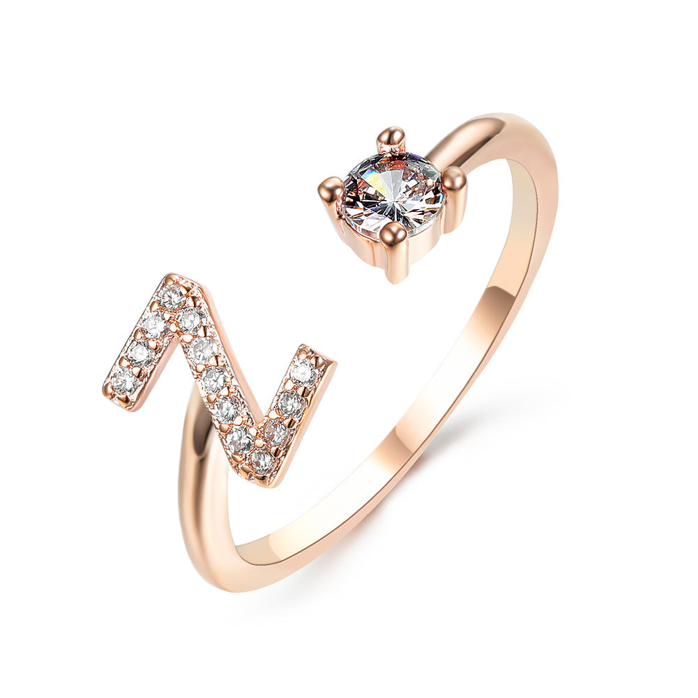 Anillo de letra ajustable con circonitas y diseño inicial de 26 para mujer
