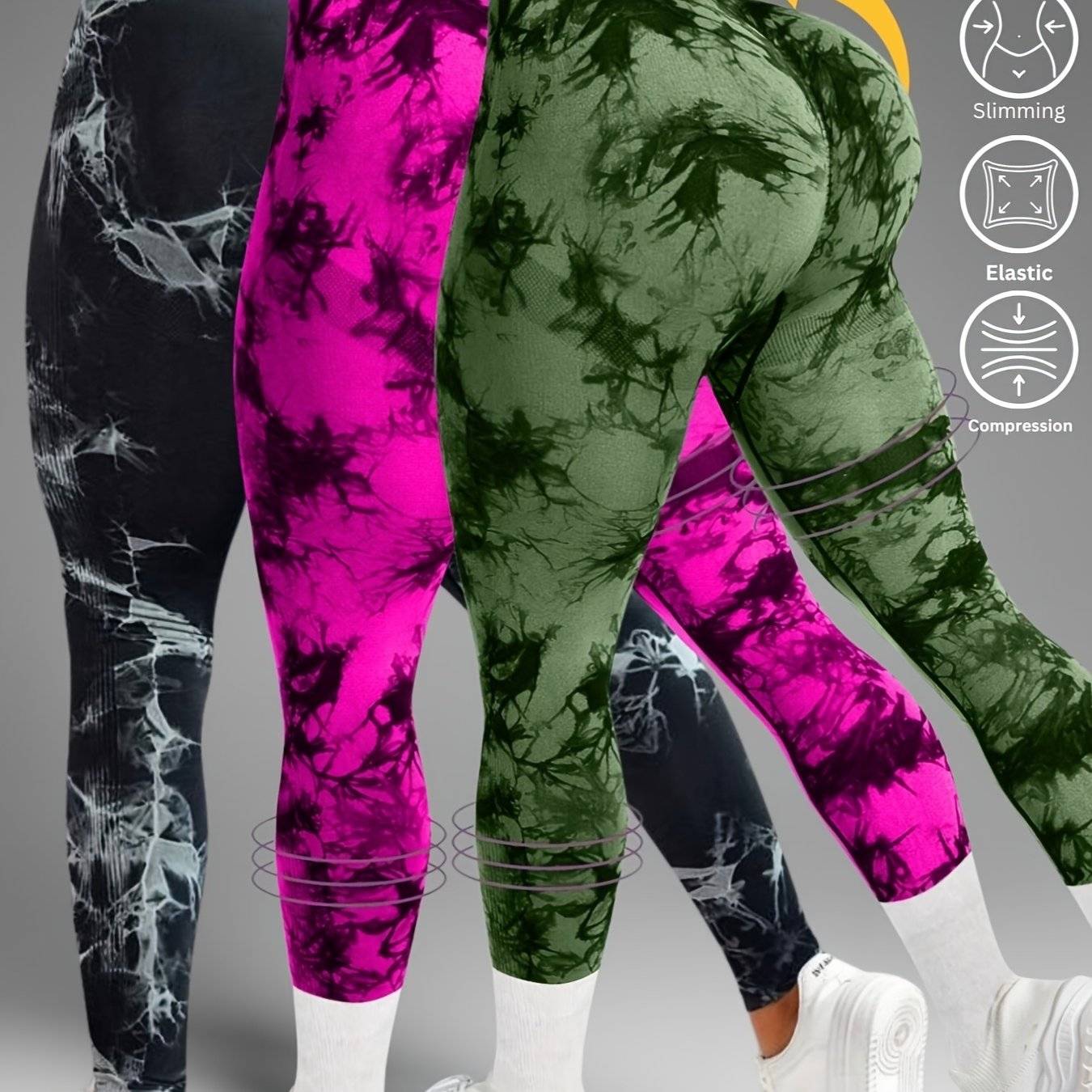 3-Pack Women's High-Waisted Tie-Dye Leggings, Seamless Butt-Lifting Tummy Control Pants with Wide Waistband, Compression Fit for Gym and Daily Wear