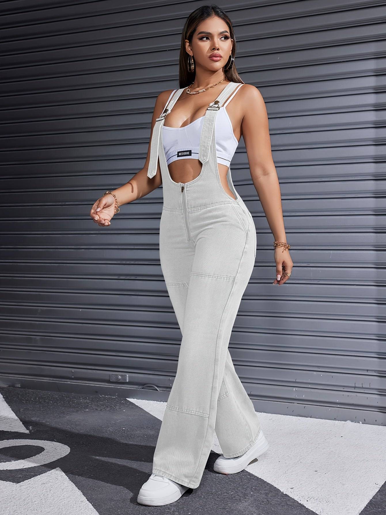 Women’s Denim Jumpsuit Adjustable Straps Loose Fit Wide-Leg Overalls for Summer & Autumn