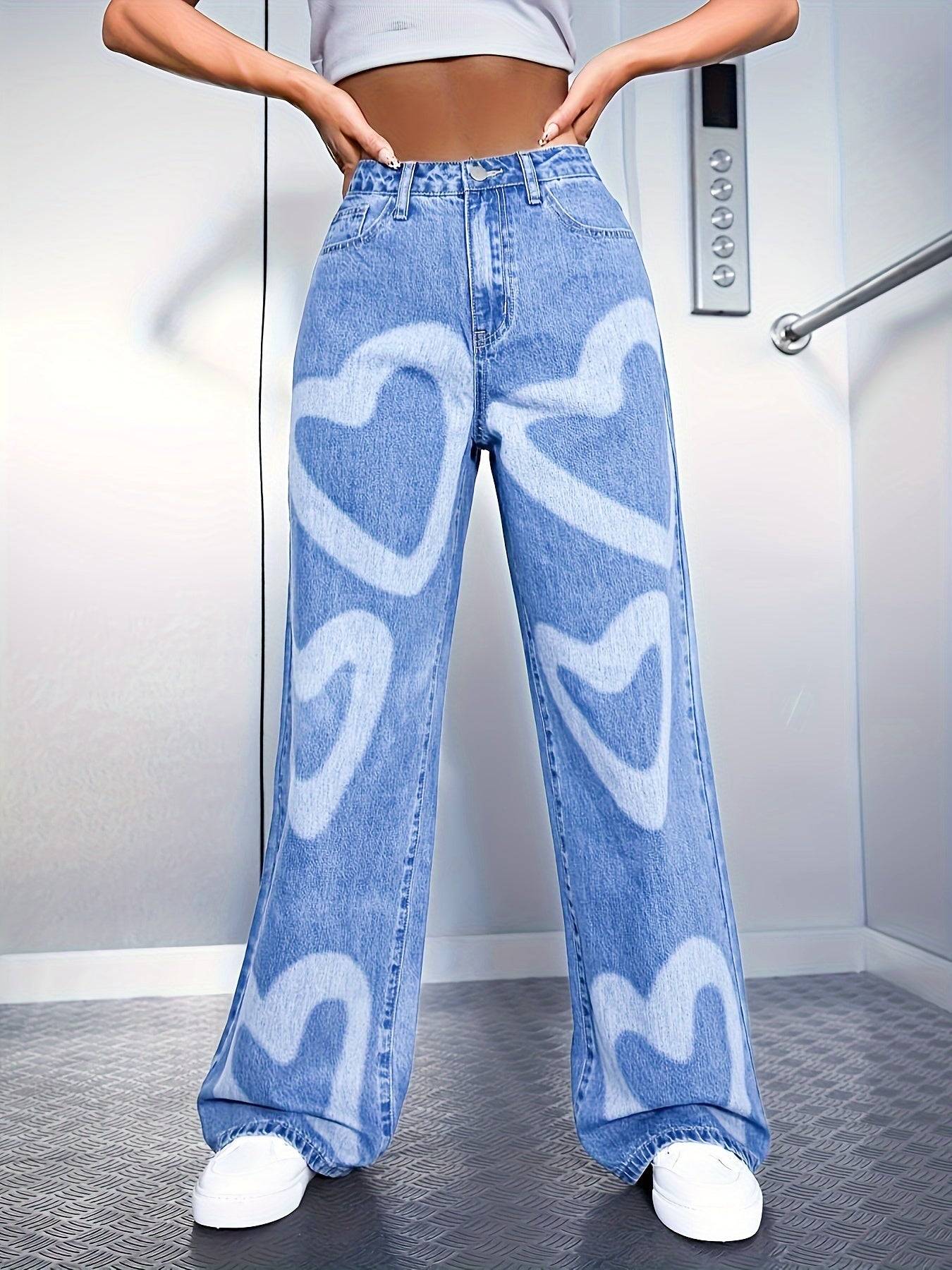 Women’s High-Waisted Wide-Leg Jeans Light Blue Denim with Heart Print Casual Loose Fit