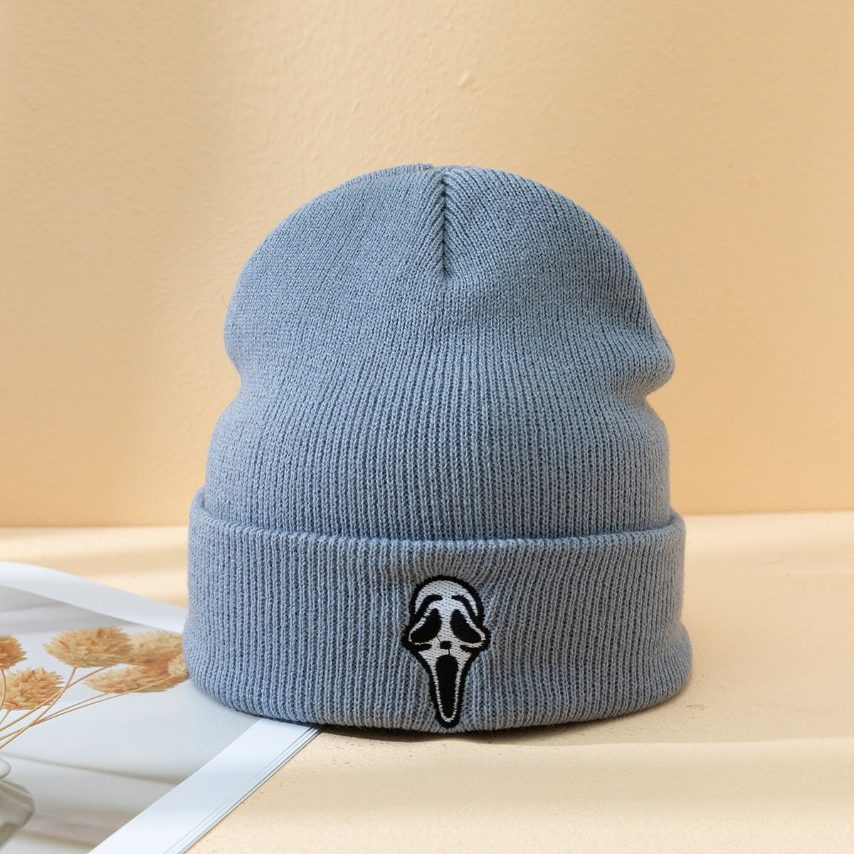 Unisex Knitted Skull Hat Ghost Face Embroidered Acrylic Beanie Autumn Winter Street Style