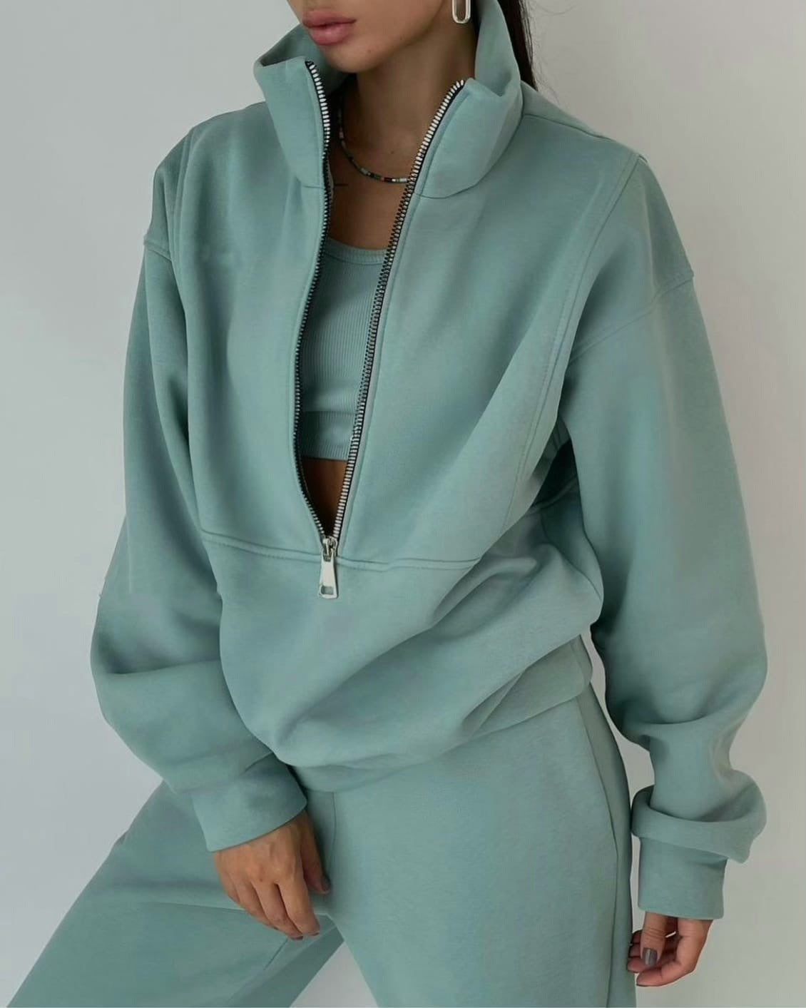 Women Two Piece Set Fleece Solid Color Casual Suit