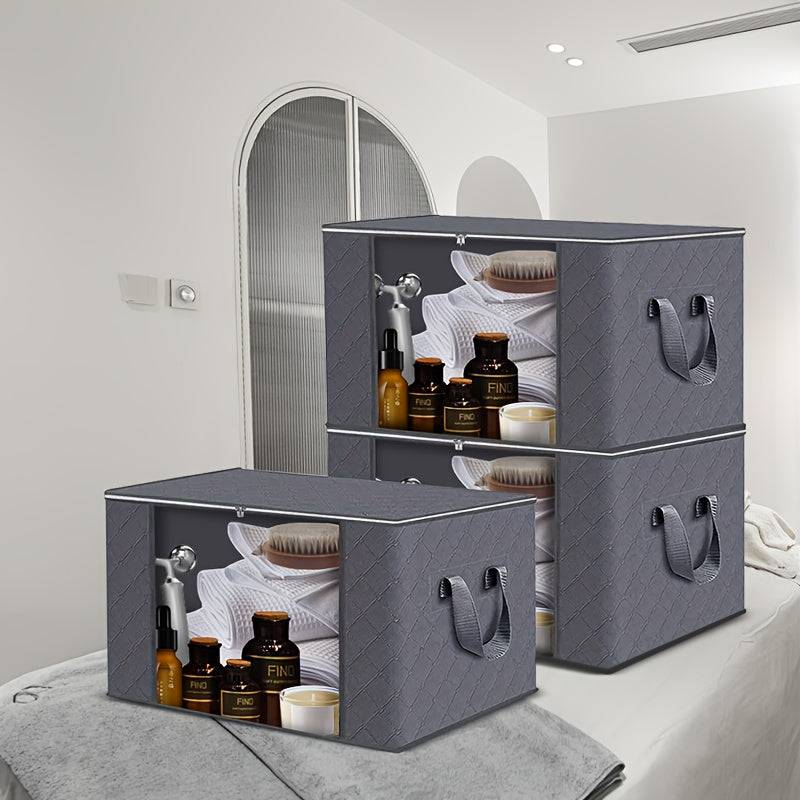 3-Pack Large Capacity Foldable Storage Bins, Grey Woven Fabric Boxes for Bedroom, Dorm, Wardrobe or Under-Bed Organization