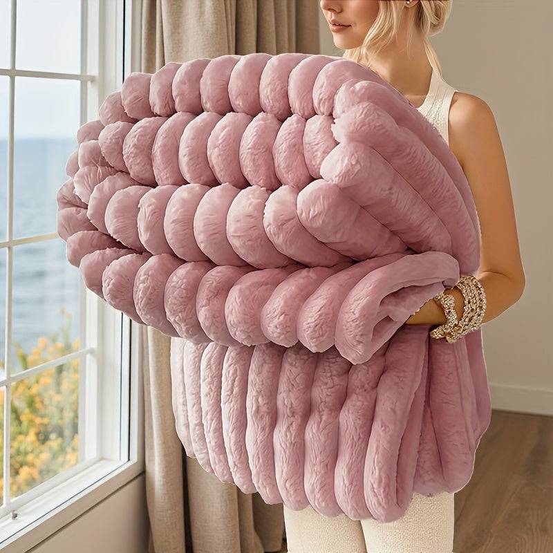 Plush Throw Blanket for 2-Seater Sofas – Ultra-Soft Beige Striped Fleece, All-Season, Elastic Fit for Living Room & Bedroom