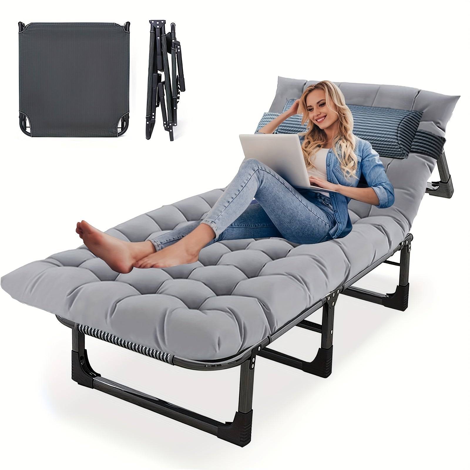 Adult Foldable Single Bed with Mattress and Pillows, Portable Lightweight Frame for Camping, Patio, Poolside and Outdoor Travel