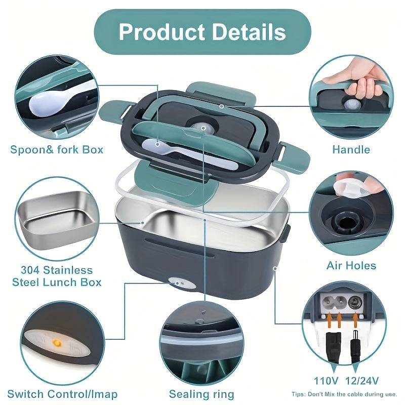 Electric Lunch Box Food Warmer 3-in-1 Portable Heated Lunchbox for Adults 12V/24V/110V with Fork, Spoon & Insulated Carry Bag for Car, Truck & Office