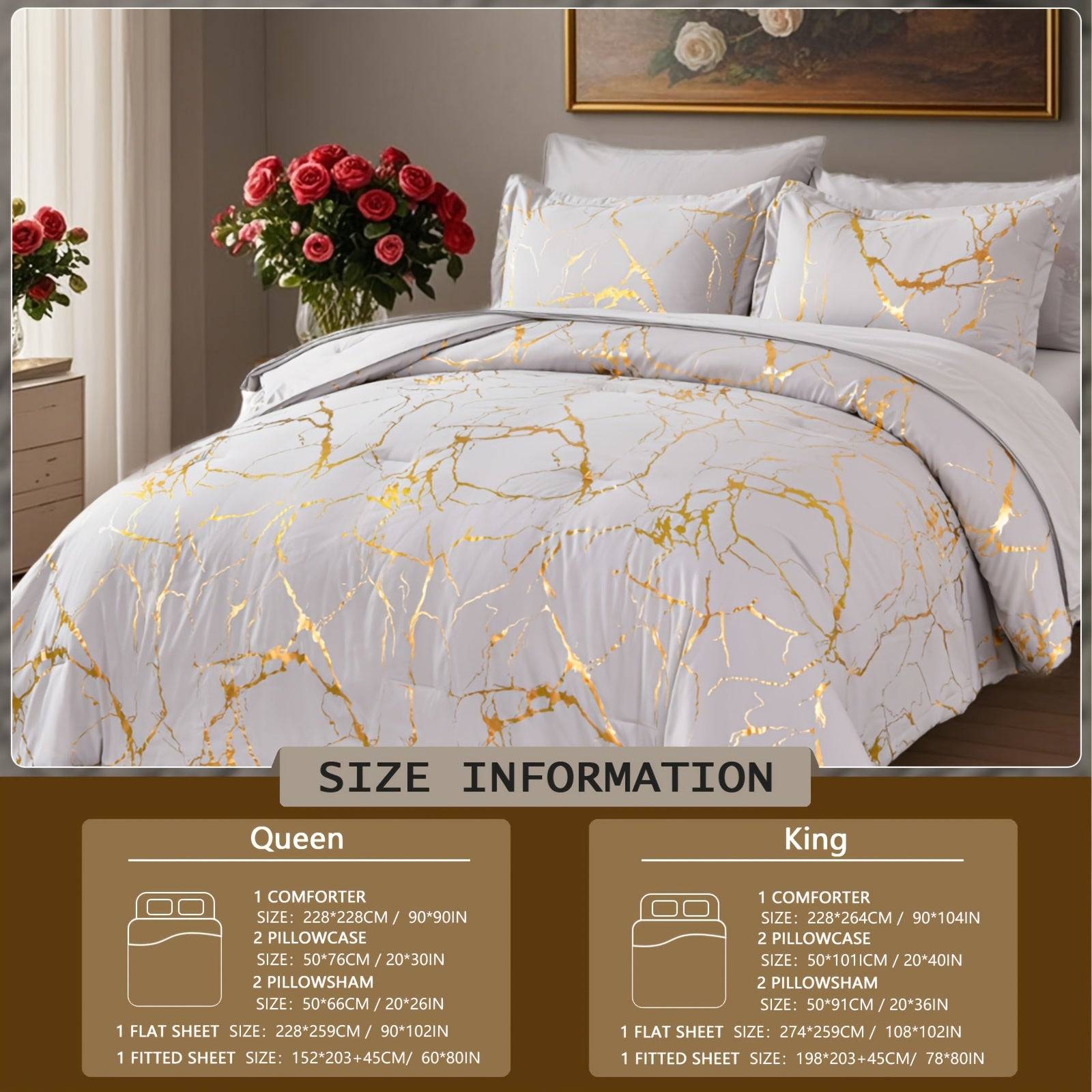 7-Piece Hot Stamping Comforter Set Queen, Soft Ultra-Fine Fiber Bedding with Sheets and Pillowcases, Lightweight All-Season Use