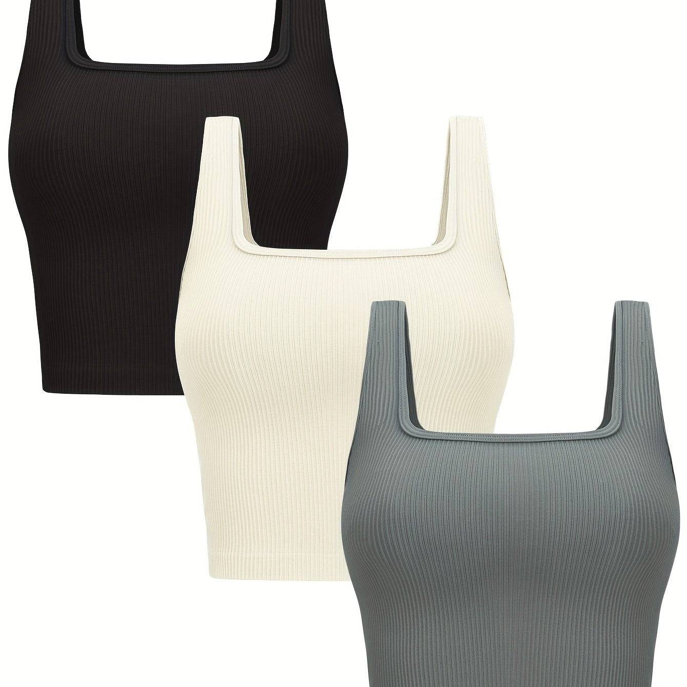 3-Pack Women’s Seamless Ribbed Crop Tank Tops, Square Neck Sleeveless Shirts in Solid Colors, Regular Fit for All-Season Casual Wear