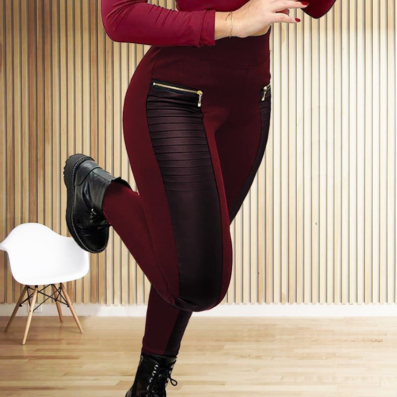Plus Size High Waist Pants with Faux Leather Panels