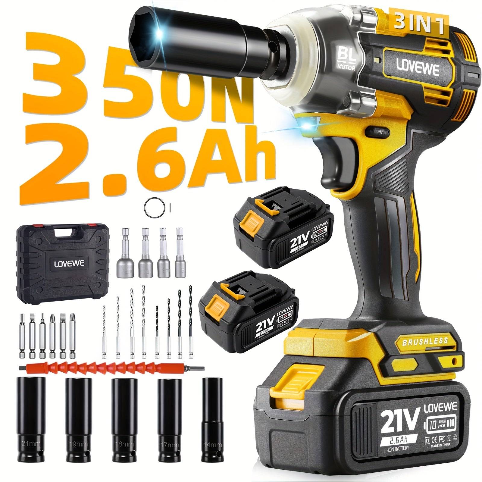 1/2 Inch Cordless Brushless Impact Wrench 258 Ft-lbs Torque with 2×2.6Ah Batteries, Charger & 5 Sockets 21V Electric Driver for Car & Home Use