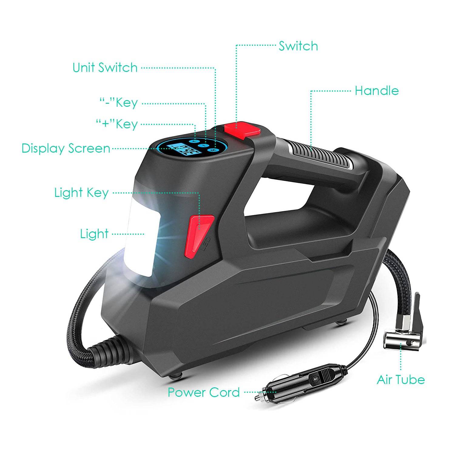 Portable Tire Inflator with Digital Display and LED Light