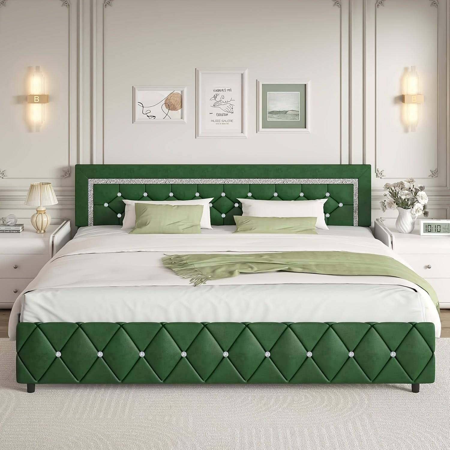 Upholstered Platform Bed Frame with Button Tufted Diamond Headboard, Padded Design, Wooden Slat Support, Easy Assembly