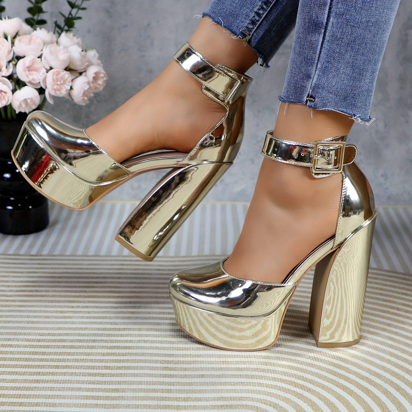Women's Pink Platform Mary Jane Pumps, Chunky Block Heel with Adjustable Strap, Closed Toe PU High Heels for Parties and Weddings