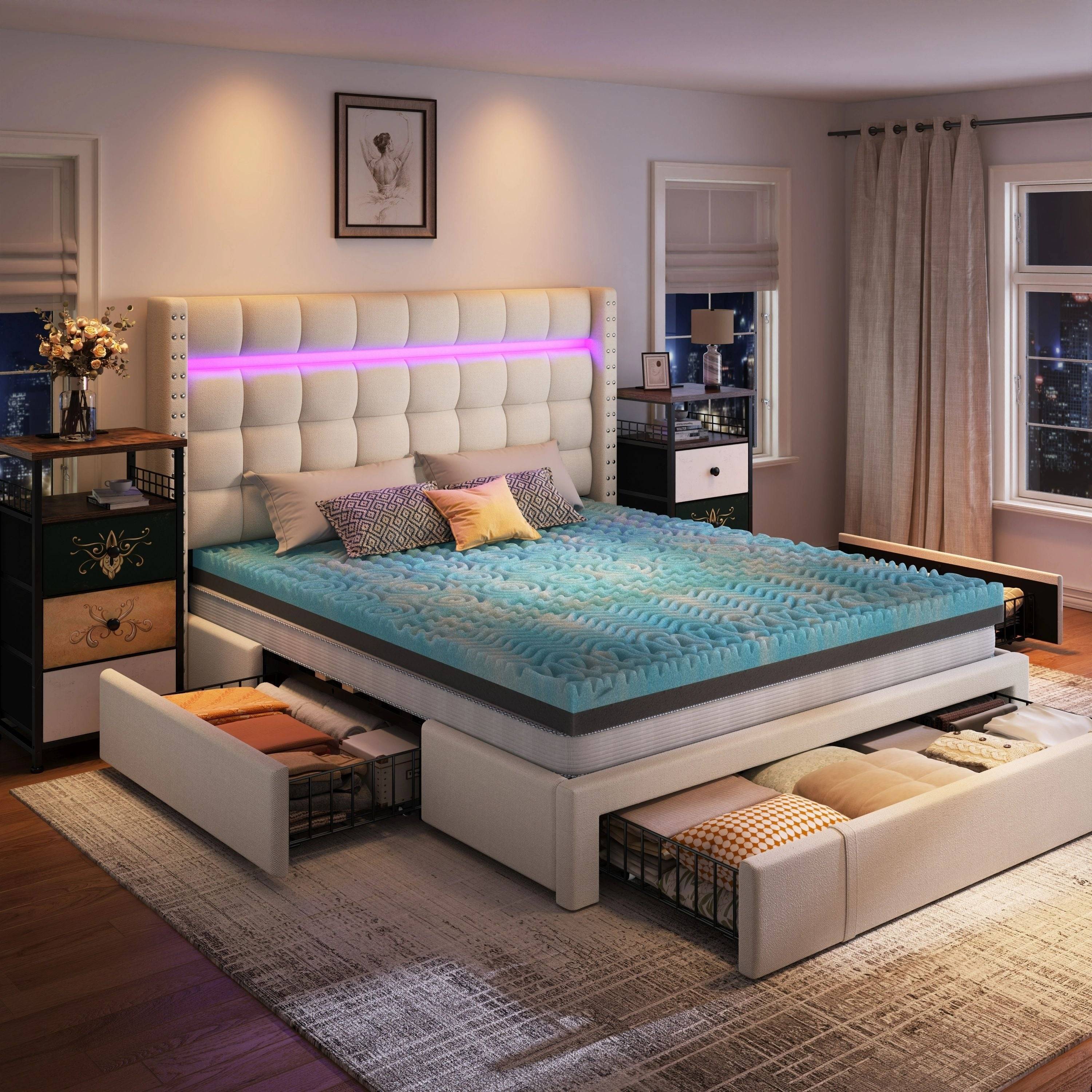 Modern Adjustable Bed with Soft Upholstered Headboard and Colorful Nightstand, Hardwood & Metal Frame, Plug-In Power, Easy Assembly