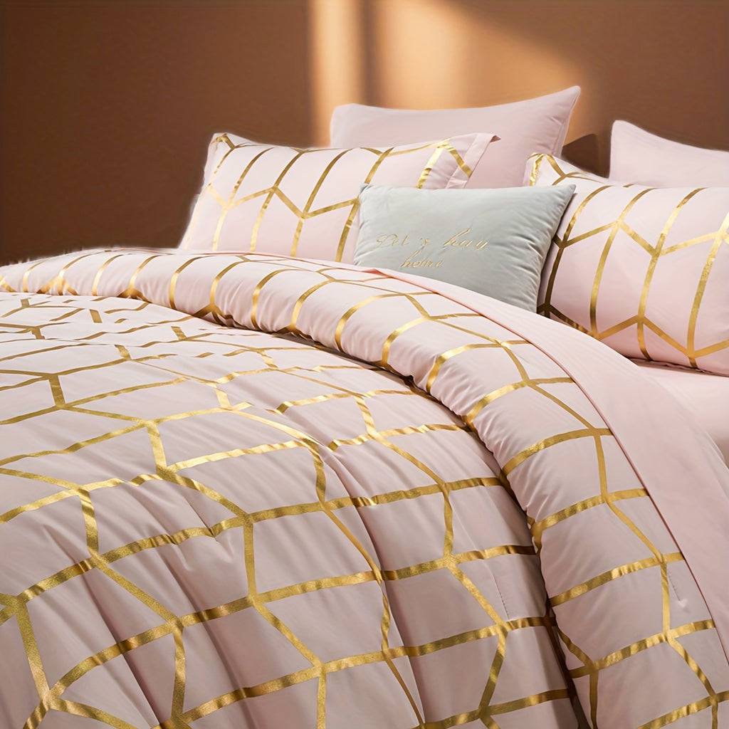 5/7-Piece Golden Foil Comforter Set, Soft Microfiber Queen Bedding with Pillowcases and Sheets, All-Season Easy-Care