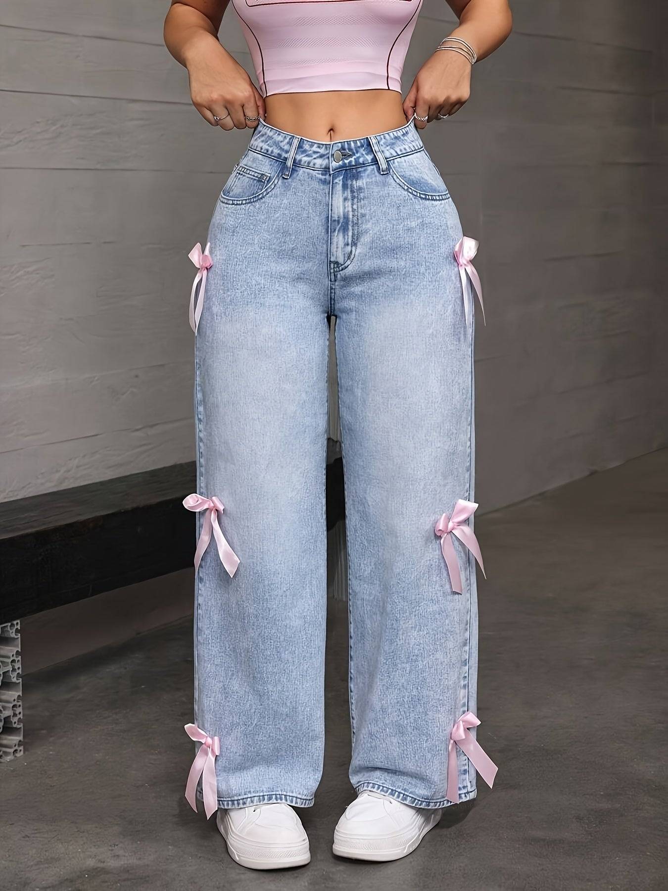Women’s Washed Jeans Loose Wide-Leg Denim with Bow Patchwork Sweet Street Style for Valentine’s Day