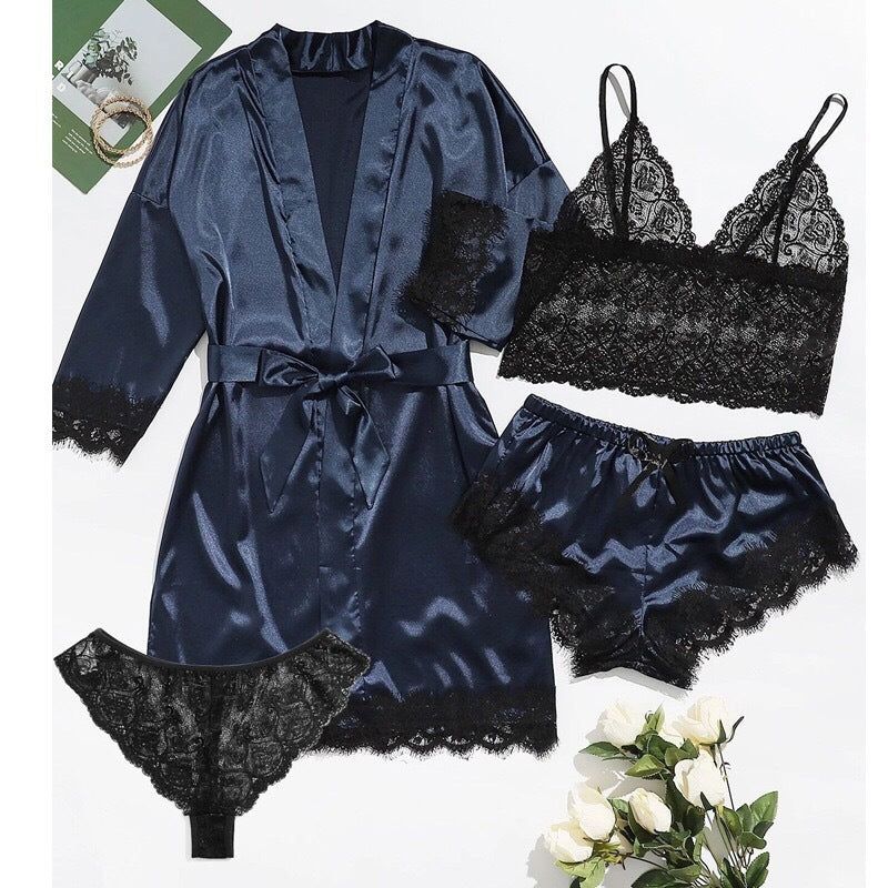 Womens Satin Pyjamas Four Piece Loungewear Sleep Set