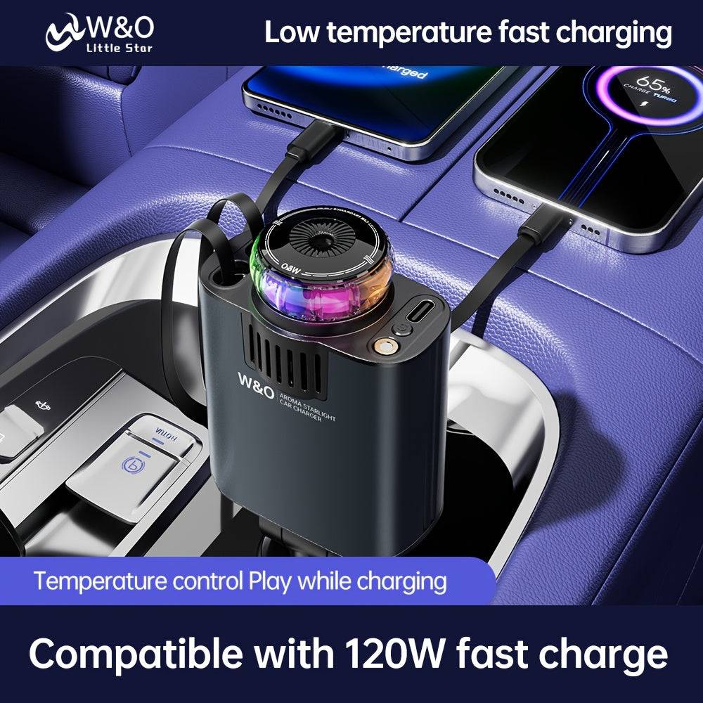3-in-1 Multifunctional Car Charger Air Freshener, Starry Sky Light & Dual Retractable Cables for a Stylish Drive