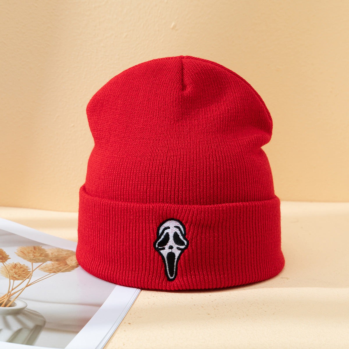 Unisex Knitted Skull Hat Ghost Face Embroidered Acrylic Beanie Autumn Winter Street Style