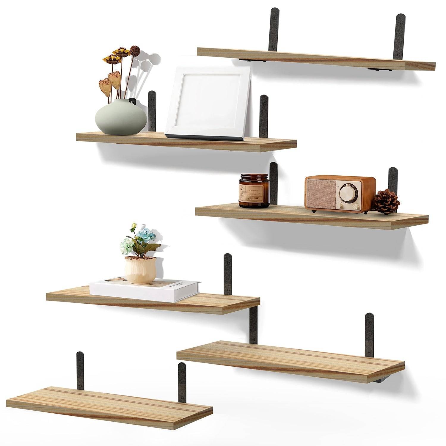 6 Set Wood Floating Shelves with Metal Wall Brackets
