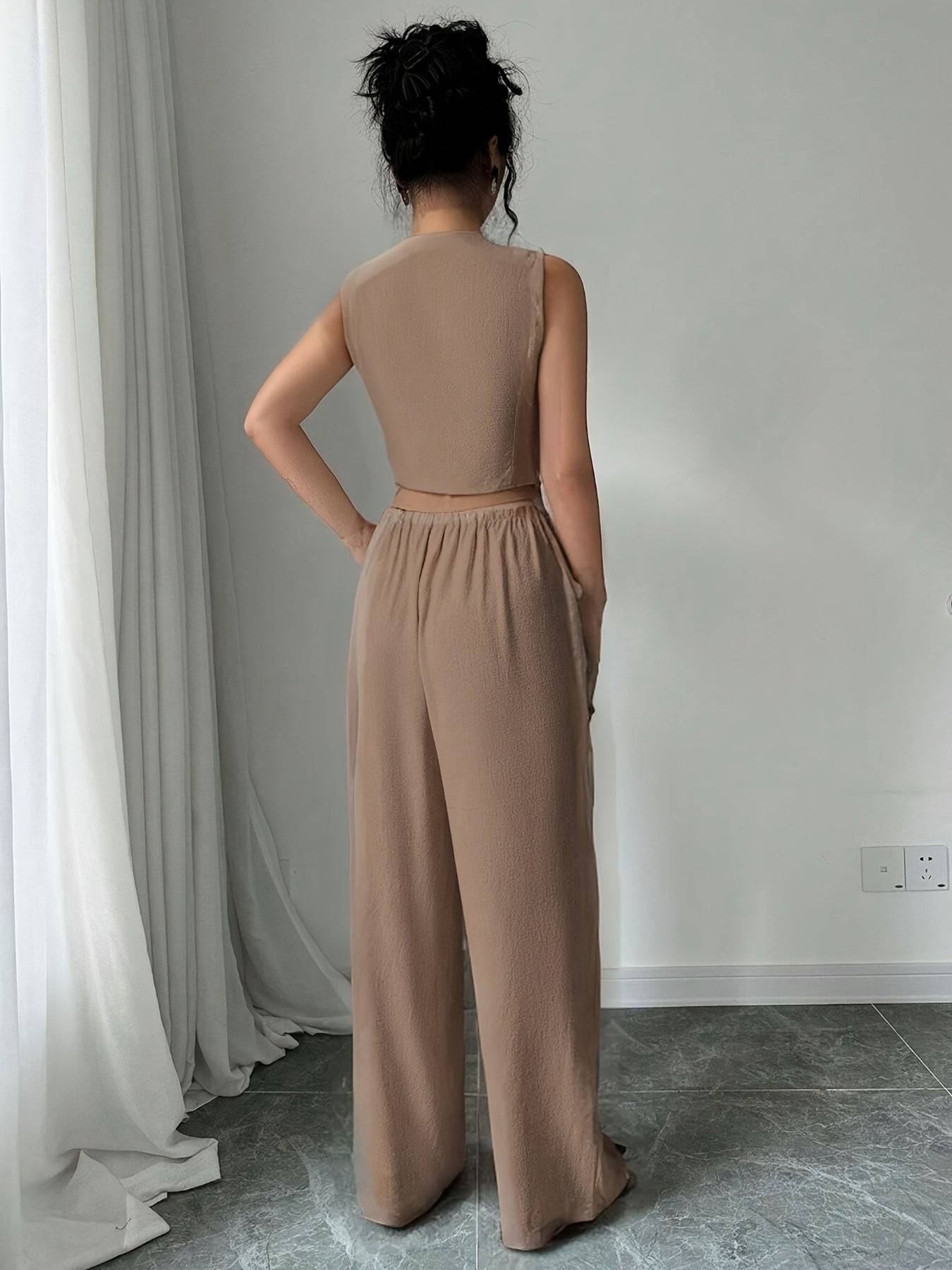 Women’s Two-Piece Set – Sleeveless Blazer Collar Top & Casual Pants for Work, Outings & Holidays