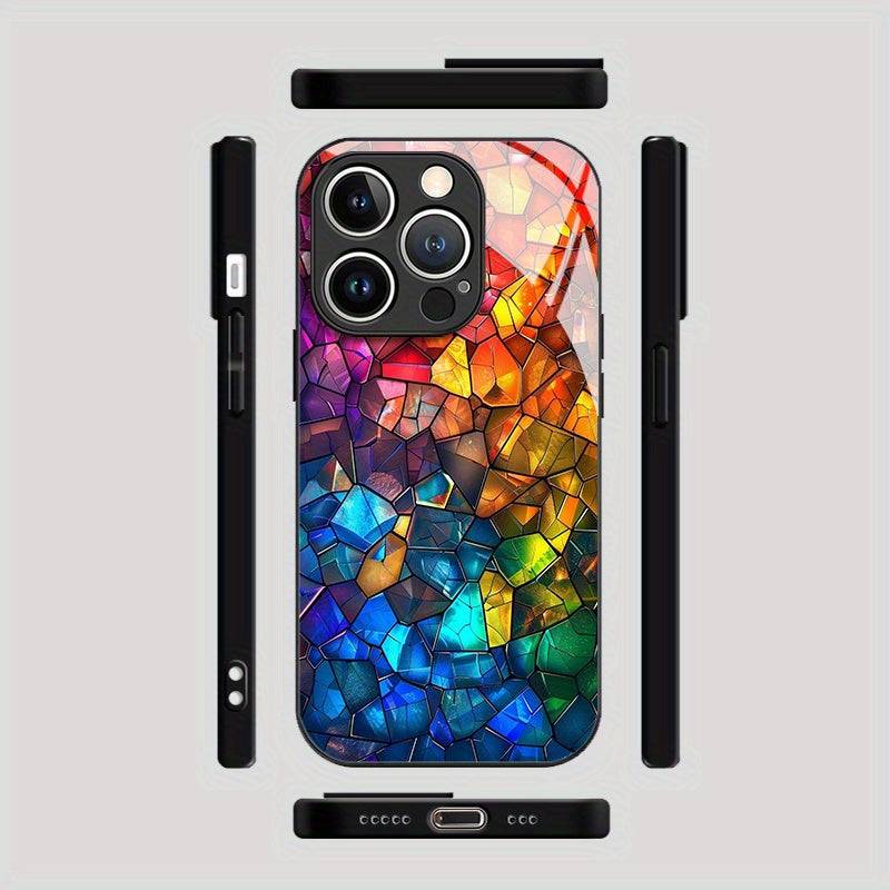 Colorful Glass Splicing Phone Case Fashionable Tempered Glass Protective Cover Anti-Fall & Anti-Fouling Design for iPhone X–16 Pro Max