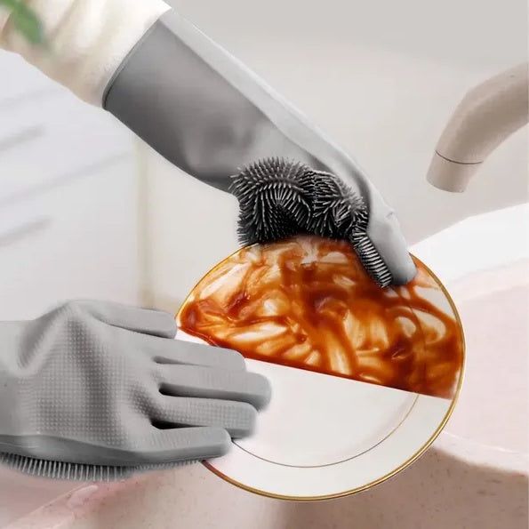 Durable Silicone Cleaning Gloves with Built-In Brush