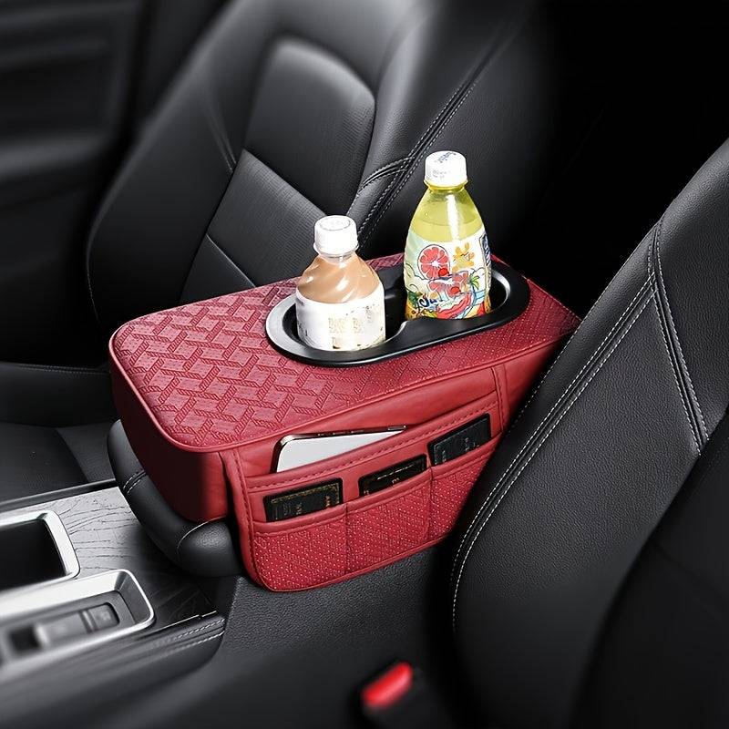 Universal Car Center Console Organizer with 2 Cup Holders and 2 Pockets, Faux PU Leather Armrest Cover with Multifunctional Storage for Phone and Accessories