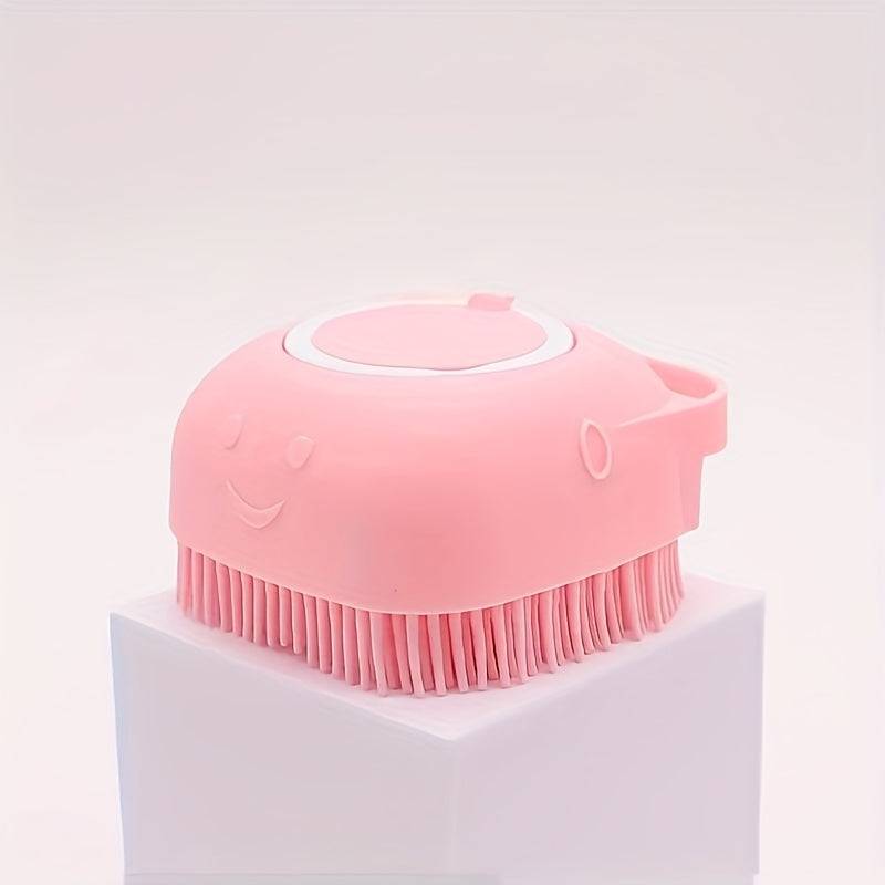 Dog and cat bath brush with shampoo dispenser, soft silicone bristles, ideal for long and short hair during shower
