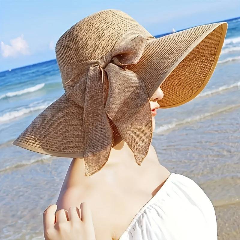 2-Pack Women’s Beach Set – Khaki Sun Hat & Woven Shoulder Bag for Summer Vacations
