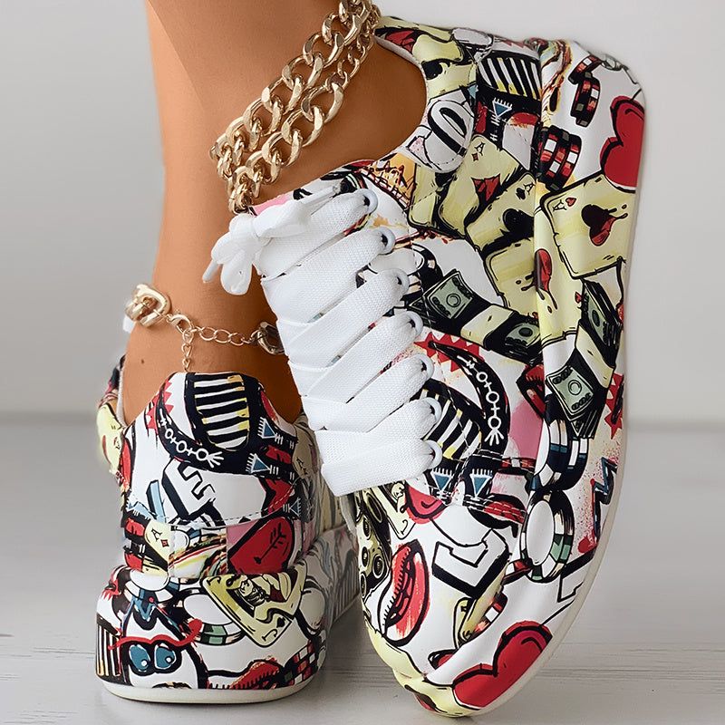 Casual Lace Up Sneakers with Thick Sole and Print Design