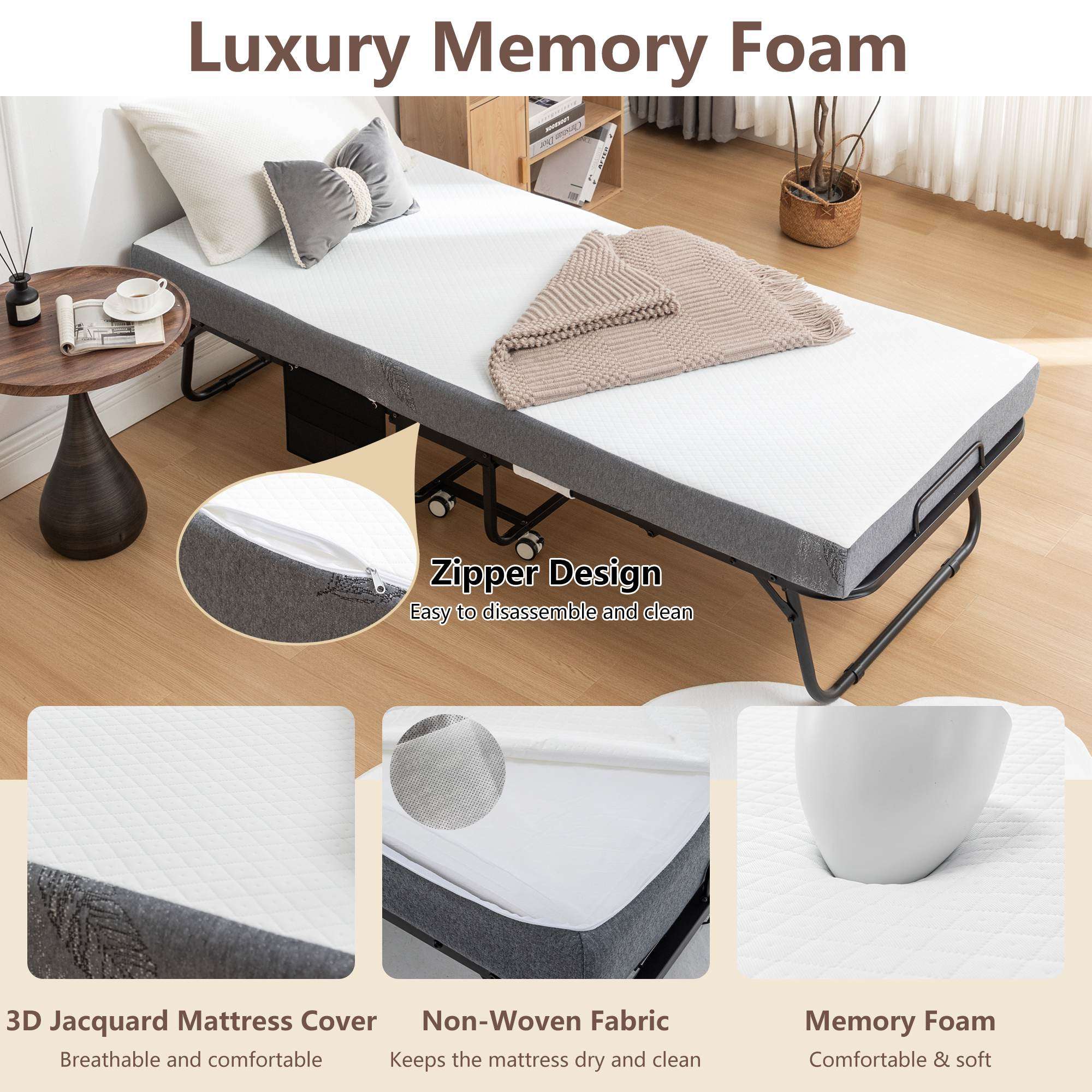 Foldable Bed with Memory Foam Mattress and Metal Frame