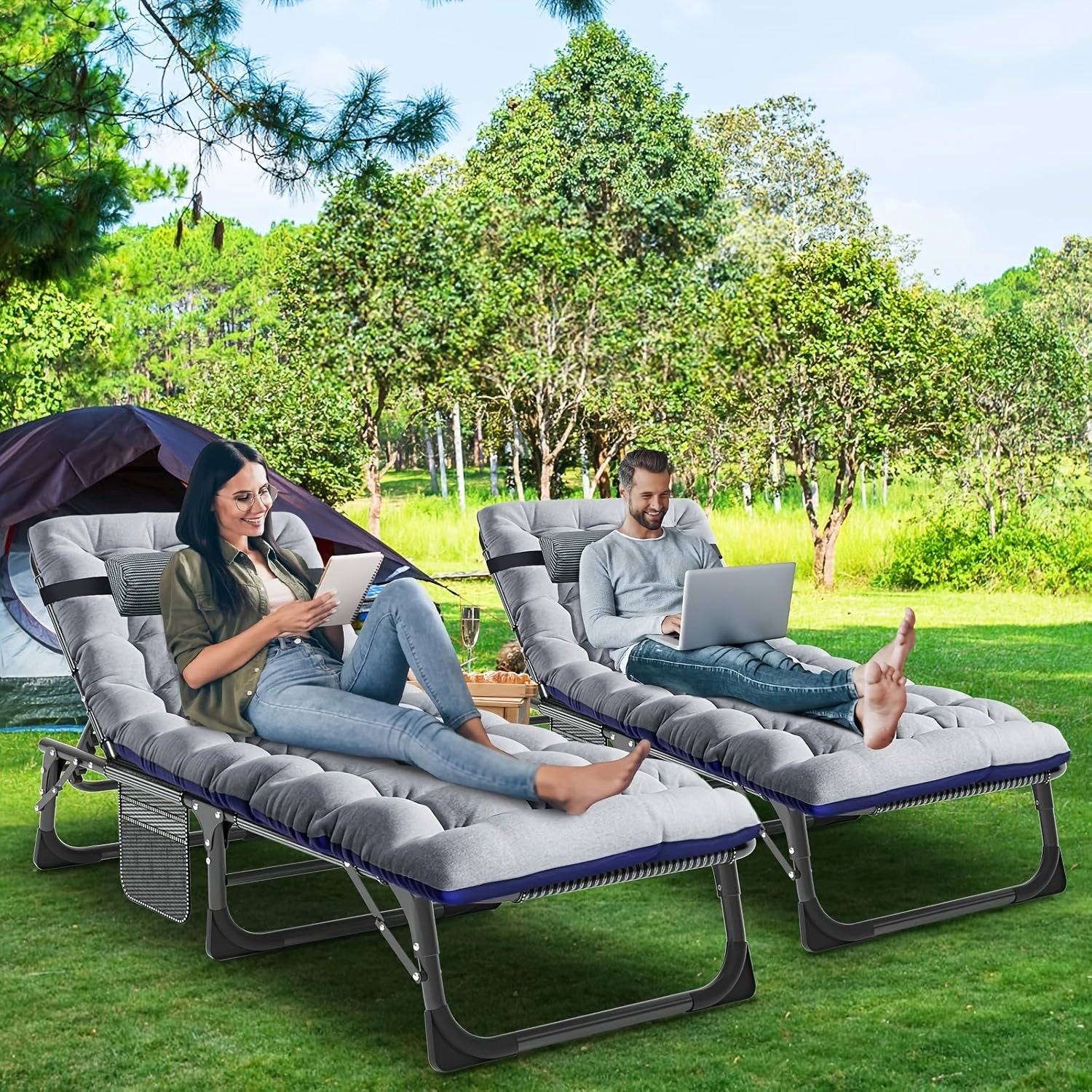 4-Position Adjustable Folding Camping Bed with Mattress & Pillow, Portable Outdoor Single Bed with Steel Frame & Breathable Fabric