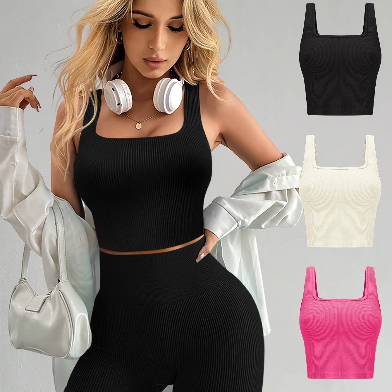 3-Pack Women’s Seamless Ribbed Crop Tank Tops, Square Neck Sleeveless Shirts in Solid Colors, Regular Fit for All-Season Casual Wear