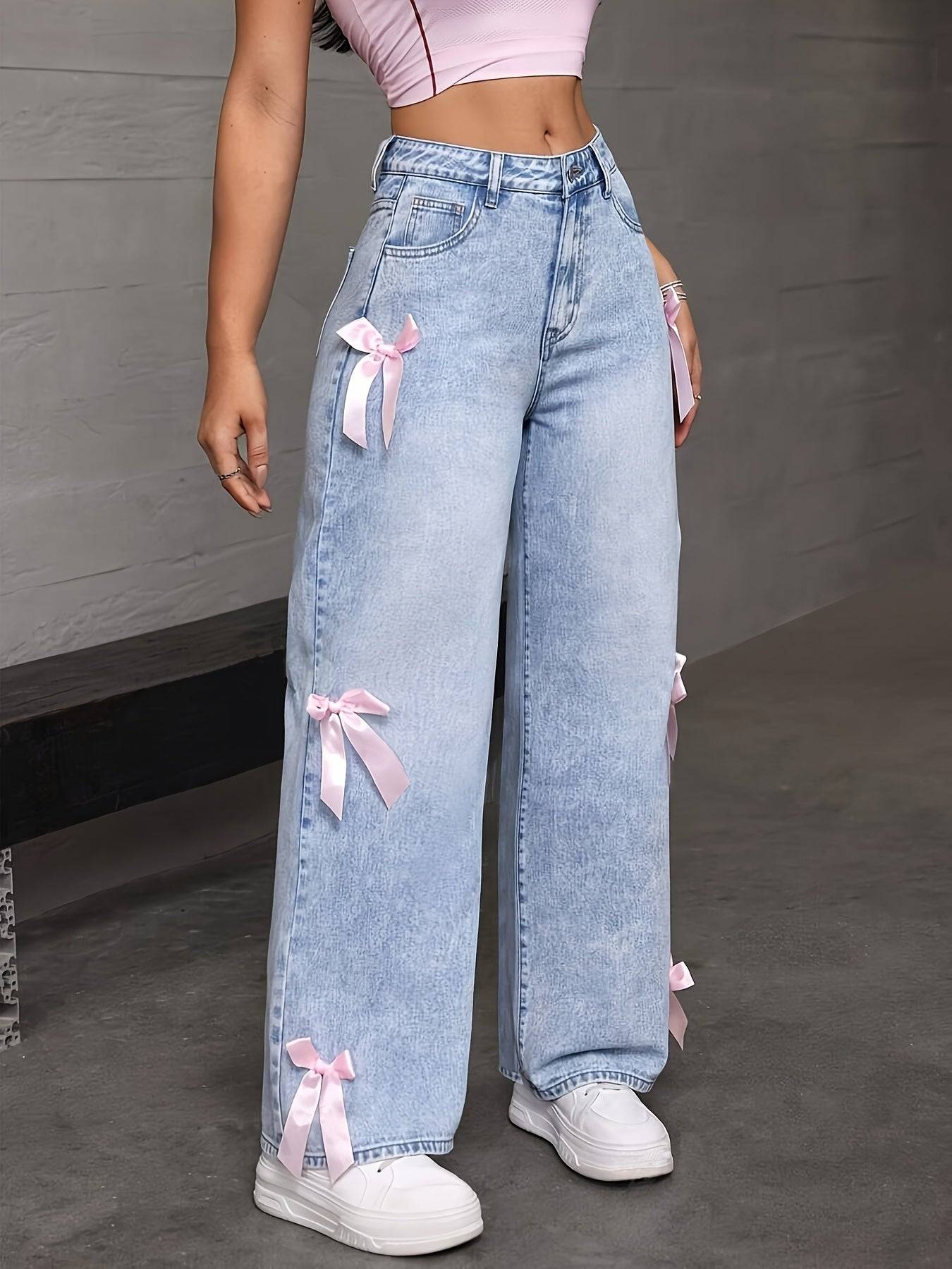 Women’s Washed Jeans Loose Wide-Leg Denim with Bow Patchwork Sweet Street Style for Valentine’s Day