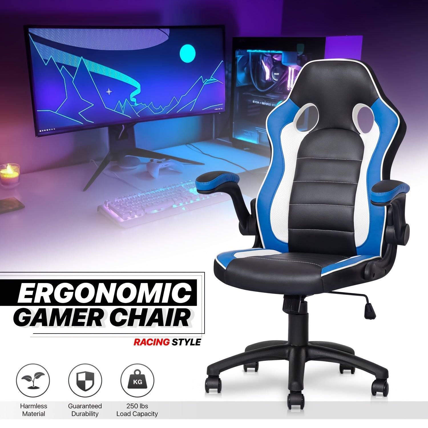 Ergonomic Gaming Chair with Flip-Up Arms – MoNiBloom Padded Computer Chair for Adults, Men & Women Gamers