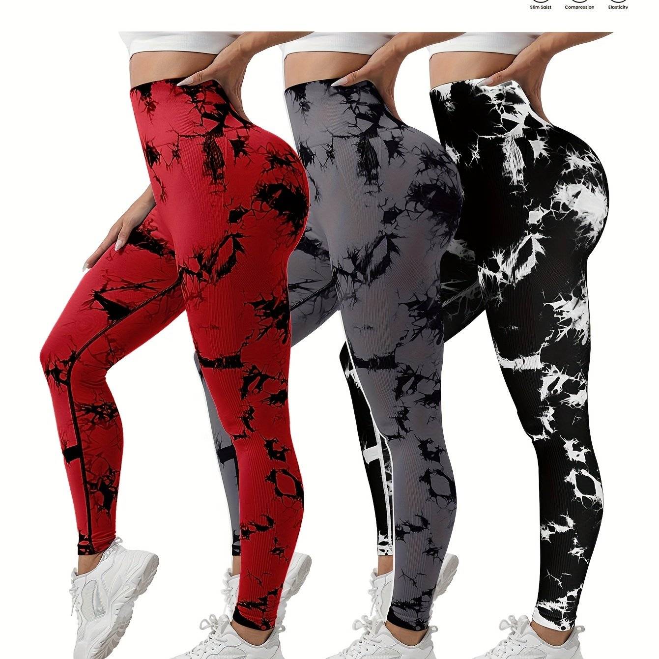 3-pack women’s seamless high-waisted tie-dye leggings, butt-lifting compression fit, multicolor 9/10 sports pants