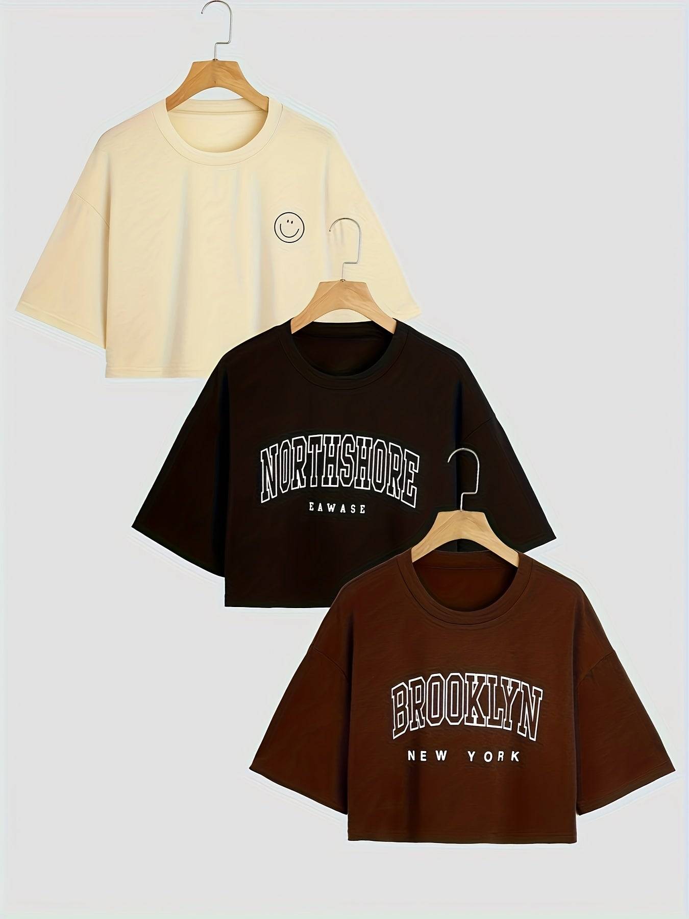 3-Pack Women’s Graphic Crop Tops California West Coast Print Tees with Round Neck & Short Sleeves