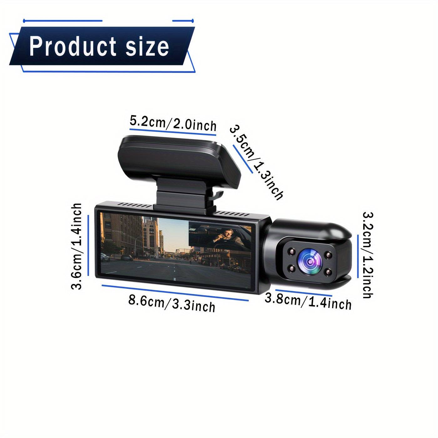 1080P dual dash cam with front and cabin cameras, IR night vision, loop recording, wide-angle lens, 3.16" IPS screen