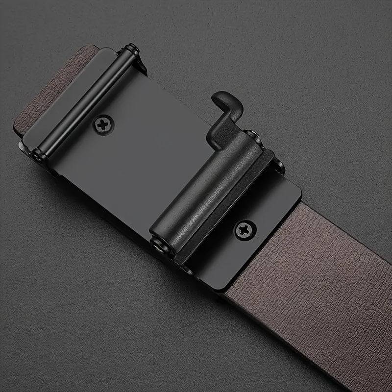 Men’s Faux Leather Belt with Automatic Alloy Buckle, Adjustable Business & Casual Sliding Belt, Black
