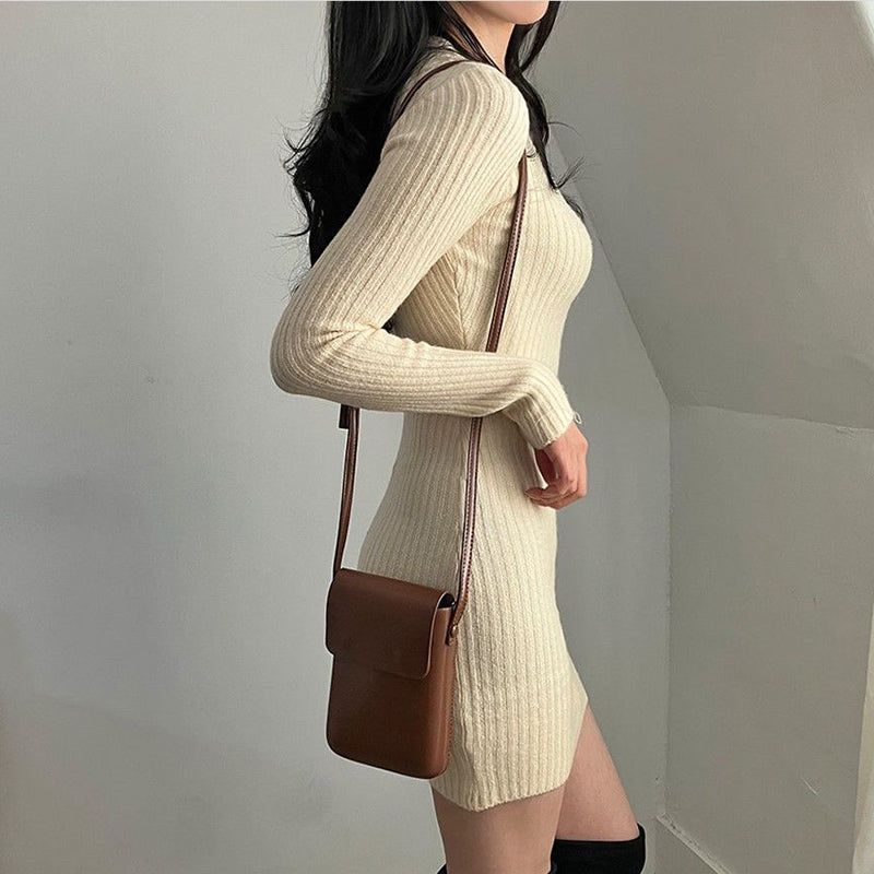 V Neck Bodycon Mini Dress With Long Sleeves And Stretch