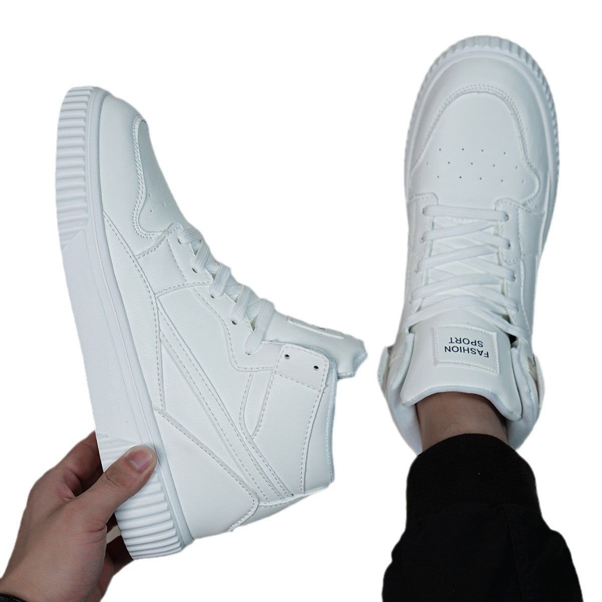 Men’s Casual Microfiber Shoes for Autumn and Winter, Solid White, Round Toe, Versatile Style