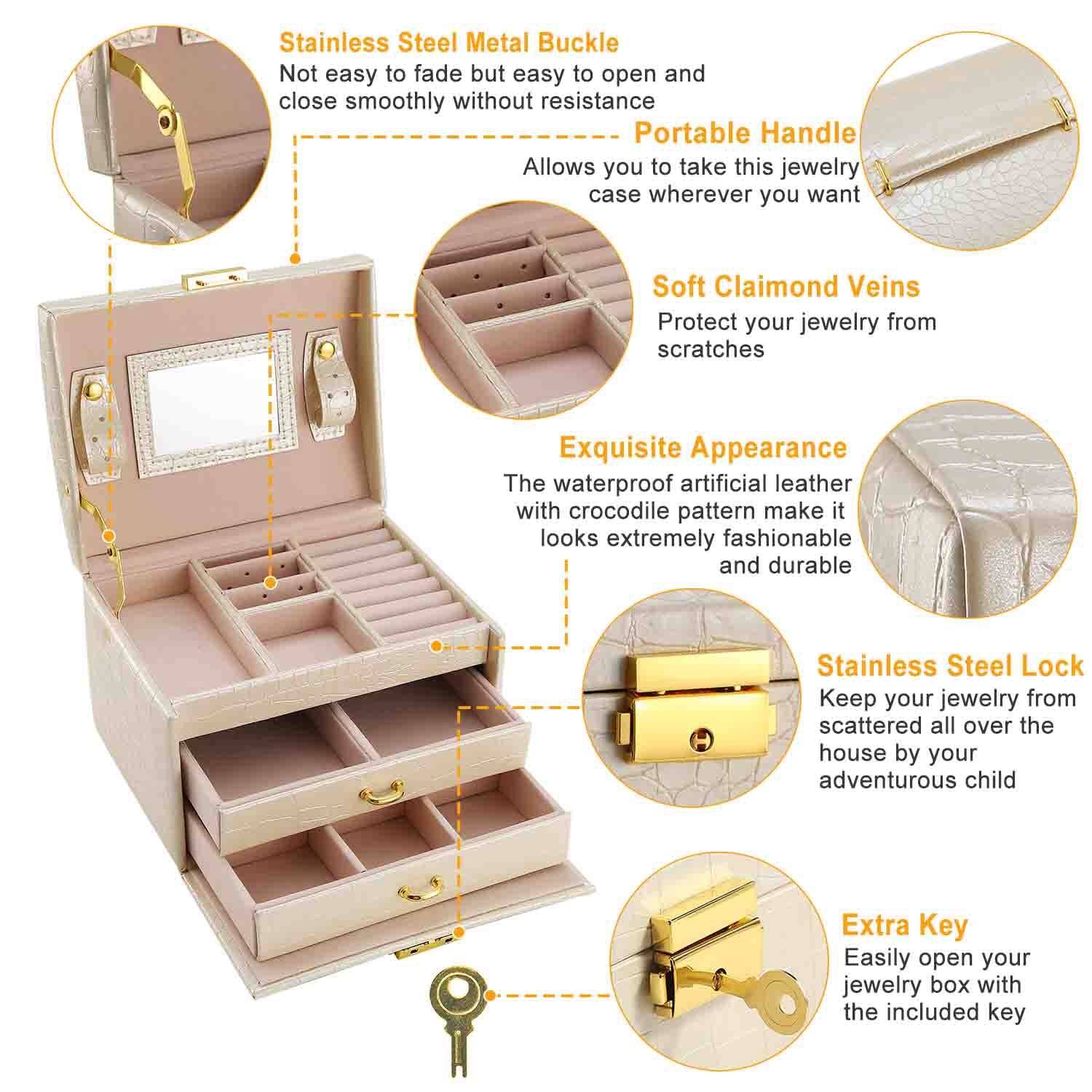 3 Layer Lockable Jewelry Box Organizer with Mirror