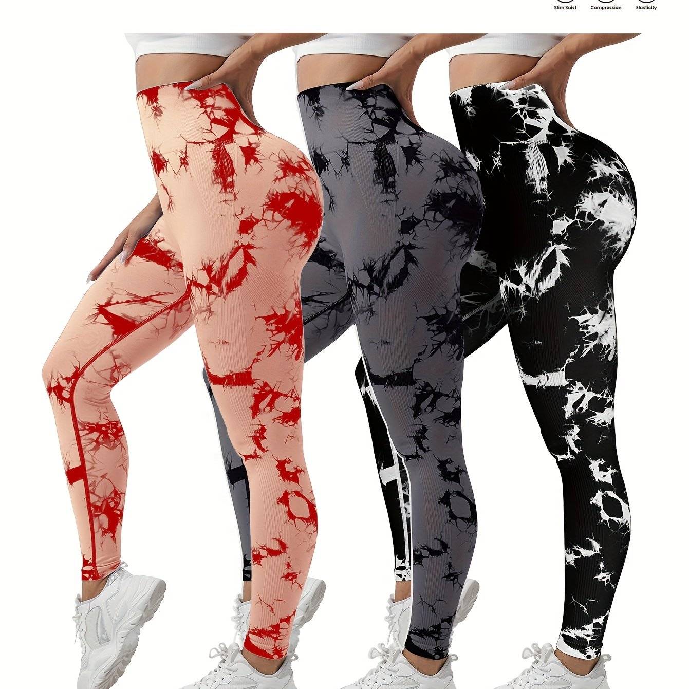 3-pack women’s seamless high-waisted tie-dye leggings, butt-lifting compression fit, multicolor 9/10 sports pants