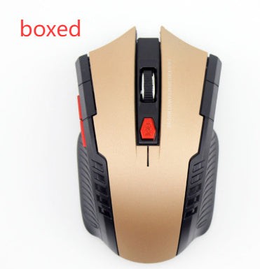 Boxed gold wireless mouse with ergonomic optical design and red DPI button, suitable for gaming and productivity in tech setups.