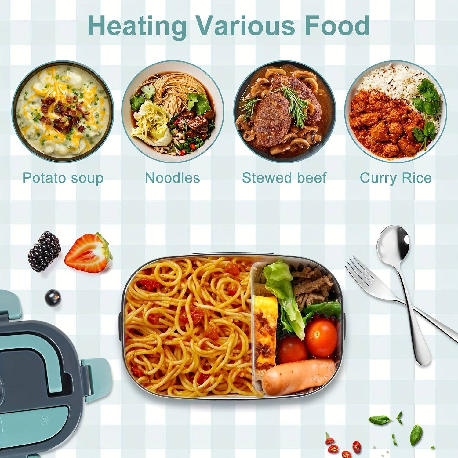 Electric Lunch Box Food Warmer 3-in-1 Portable Heated Lunchbox for Adults 12V/24V/110V with Fork, Spoon & Insulated Carry Bag for Car, Truck & Office